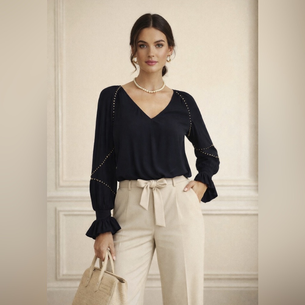 Ramy Brook Black V-Neck Long Sleeve Top Ruffle Lightweight Embellished Blouse